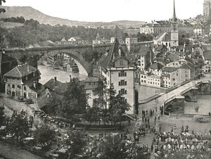 El Nydeggbrücke y el mercado de ganado, Berna, Suiza, 1895 de Unbekannt