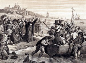 Los Padres Peregrinos dejando Delft Haven en su viaje a América, julio de 1620, 1878 de Unbekannt