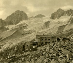 La Plauener Hütte y el glaciar, Zillergrund, Tirol, Austria, c1935