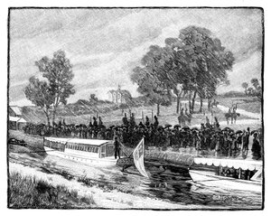 La visita real a Worsley Hall, la barcaza estatal en el canal Bridgwater, 1851 de Unbekannt