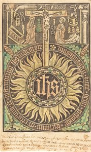 El monograma sagrado con la crucifixión y los símbolos de la pasión [recto], en o después de 1470