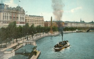 El Victoria Embankment y el barco de vapor en el río Támesis, Londres