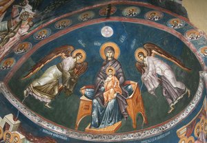 La Virgen entronizada con Cristo Emmanuel con los arcángeles Miguel y Gabriel, siglo XIV de Unbekannt