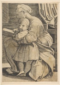 La Virgen leyendo con el niño Jesús, mujer sentada de perfil mirando a la izquierda, ca. 1515-1600 de Unbekannt