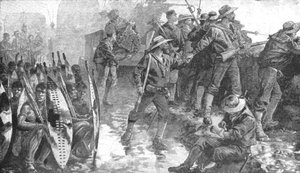 La guerra zulú: Hombres del H.M.S. Shah dentro del Laager en Ginghilovo de Unbekannt