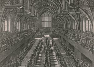El banquete en el Gran Salón del Palacio de Westminster...coronación de Jacobo II en 1685, 1902