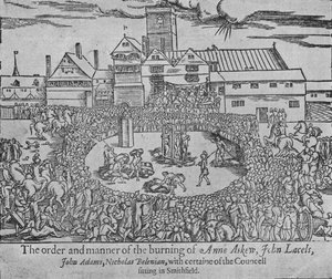 La quema de Anne Askew, John Lascelles, John Adams y Nicholas Belenian, 1546, 1904 de Unbekannt