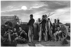 Los defensores en la vigilancia, batería en Lucknow, 1857, c1860