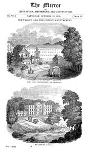 El primer molino de algodón en Cromford, Derbyshire, y la casa de Richard Arkwright, 1836