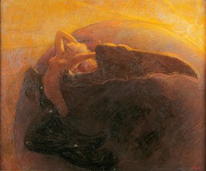 El sol dorado despierta a la luna representada como una mujer alada