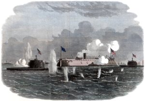 La fragata acorazada, New Ironsides, y dos baterías Ericsson entrando en acción en Charleston de Unbekannt