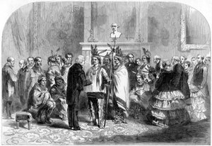 El presidente de los Estados Unidos induciendo a las tribus hostiles a darse la mano, 1858 de Unbekannt