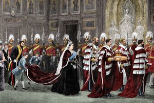 La procesión real en el Palacio de Westminster camino a la Cámara de los Lores, 1886 de Unbekannt