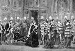 La procesión real en el Palacio de Westminster camino a la Cámara de los Lores, 1886 de Unbekannt