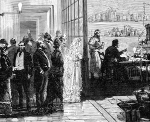 Thomas Edison experimentando con lámparas eléctricas el día de su boda, 1871, 1883 de Unbekannt