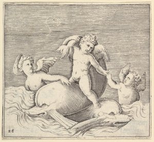 Tres Cupidos y Dos Delfines, publicado ca. 1599-1622 de Unbekannt
