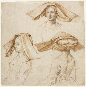 Tres estudios de una mujer con un elaborado tocado, c. 1500