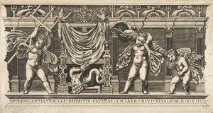 Tres cupidos frente a una fachada con pilastras, uno sosteniendo un tridente y otro..., ca. 1515-1600
