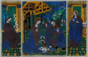 Tres placas de un tríptico con la Adoración de los Pastores..., francesa, principios del siglo XVI