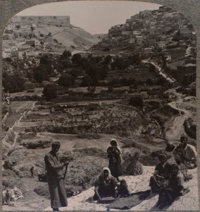 Trilla en el techo, con vista al valle de Cedrón, c. 1900 de Unbekannt
