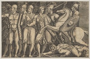Trajano luchando contra los Dacios, Trajano a caballo a la derecha cabalgando hacia un grupo..., ca. 1515-1600