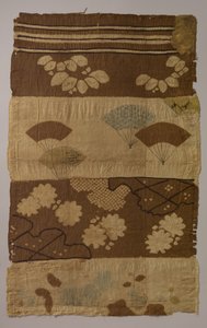Textil Tsujigahana con rayas horizontales, plantas florecientes, abanicos, copos de nieve, ca. finales del siglo XVI
