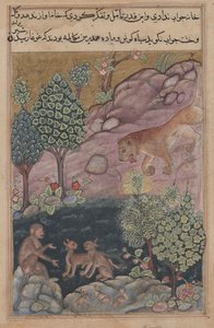 Tuti-Nama Cuentos de un Loro: Cuento XXIX, El León Regresa a Su Territorio y Ve, c. 1560 de Unbekannt