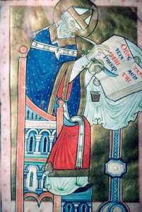 Ilustración del siglo XII de San Dunstan 909-988 como escriba. Fue arzobispo de Canterbury de Unbekannt