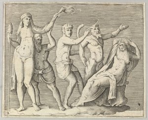 Dos figuras, un fauno y un sátiro se acercan a una mujer reclinada, publicado ca. 1599-1622 de Unbekannt