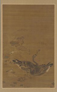 Dos gansos alimentándose en un estanque de lotos, dinastía Ming, siglos XVI-XVII