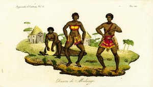 Dos mujeres Mahungo bailando la semba al ritmo de un tambor tallado en un tronco en Angola de Unbekannt
