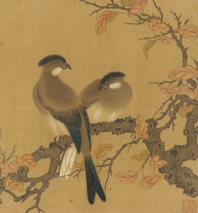 Dos aves crestadas en una rama, hojas de otoño, dinastía Qing, siglo XVIII de Unbekannt