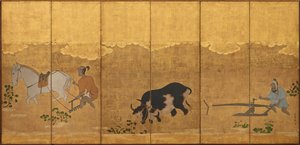 Dos agricultores arando y rastrillando un campo de arroz, período Edo, 1615-1868