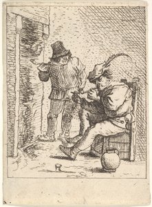 Dos campesinos varones con pipas frente a una chimenea, uno sentado con la pipa en la mano..., después de 1625-90 de Unbekannt