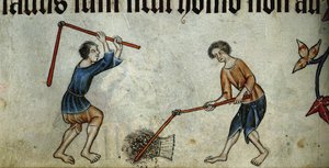 Dos hombres trillando una gavilla del Salterio de Luttrell, ca. 1330