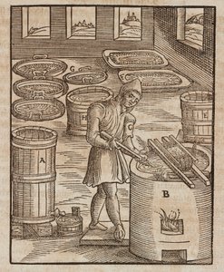Un hombre prueba el salitre, utilizado en la pólvora y la conservación de la carne - Grabado extraído de Descripción de los minerales y los principales métodos de explotación minera, de Lazarus Ecker de Unbekannt