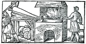 Usando fuelles para aumentar el tiro en un horno, 1540 de Unbekannt