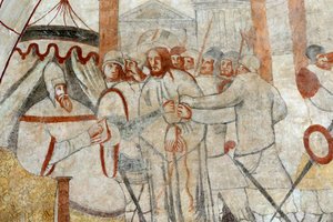 Iglesia de Vault de Lugny. Pintura mural del siglo XVI. Cristo en su pasión. Cristo ante Pilato. Francia de Unbekannt