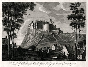 Vista del Castillo de Edimburgo, desde el cementerio de Grey Friars, siglo XVIII de Unbekannt