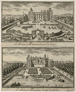 Vista del Château de Maintenon desde la entrada y desde el jardín, siglo XVII