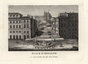 Vista de la Piazza di Spagna, Fontana della Barcaccia, Fuente de la Barcaza y Escalinata de la Trinità dei Monti, Escalinata Española, Roma de Unbekannt