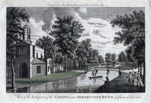 Vista de la parte trasera de la Cassina y el río Serpentine en los jardines de Chiswick, Londres