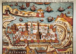 Vista de la ciudad de Calais en 1538. Xilografía