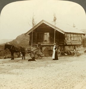 Esperando pasajeros en la carretera cerca de Bolkesjo, Noruega, c1905
