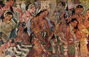 Pintura mural de las Cuevas de Ajanta de Raja Mahajanaka, c480
