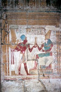 Pintura mural de Sethos I ante Horus, Templo de Sethos I, Abydos, Egipto, dinastía XIX, c. 1280 a.C.