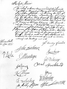 Orden del Consejo de Estado al Alcalde de Londres, deseándole a él y a los concejales asistir a la proclamación de Oliver Cromwell como Lord Protector del Commonwealth de Inglaterra, Escocia, Irlanda y los Dominios el 19 de diciembre de Unbekannt
