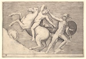 Guerrero tirando a un jinete de su caballo, de Ex Antiquis Camorum et Ge..., publicado ca. 1599-1622