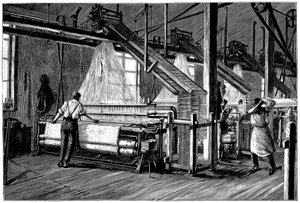 Taller de tejido equipado con telares Jacquard, c. 1880