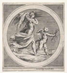 Figura femenina alada, vestida y portando un bastón, caminando detrás de un putto alado..., ca. 1550-1600 de Unbekannt
